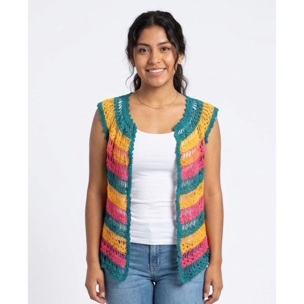 Handmade Crochet Knit Striped Vest Top Womens Small Open Front Boho Colorful